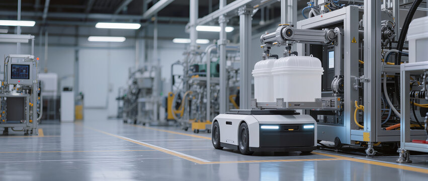 Pharma 4.0 manufacturing plant with autonomous robot transporting container