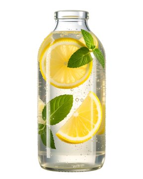 Glass bottle of refreshing lemonade with lemon slices and mint leaves