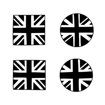 Union Jack flags set with square and circular version against white background featuring monochrome, minimalist, vector illustration with bold black line work and symmetrical layout