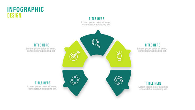 5 steps semi circle arc process infographic template with green gradient segmented arrow nodes isolated vector illustration