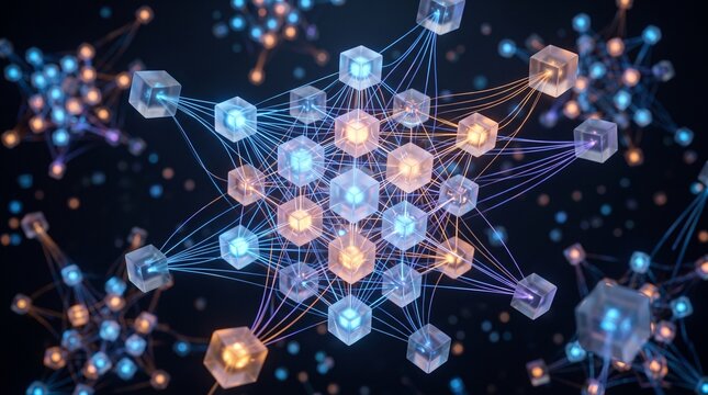 Interconnected Blue And Orange Nodes In Decentralized Digital Network