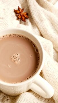 cozy mug of hot chocolate with star anise on soft wool blanket in winter, vertical video