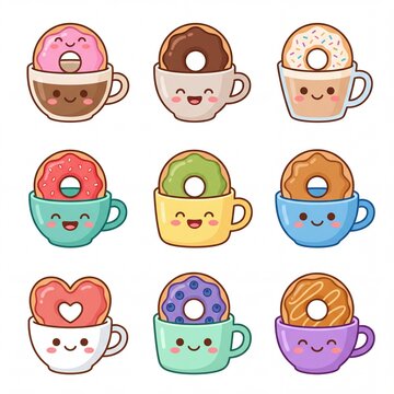 Kawaii donut characters sitting in smiling coffee cups collection