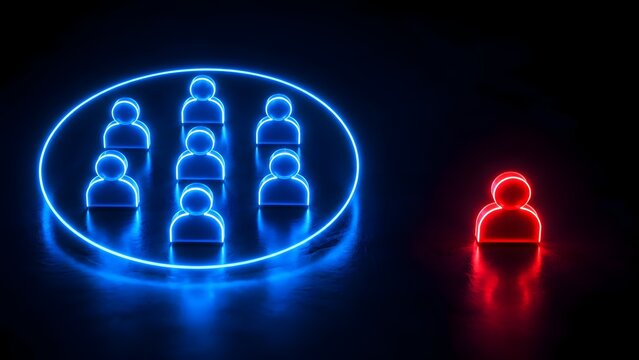 Single Red Neon Person Standing Apart From Grouped Blue Team Circle