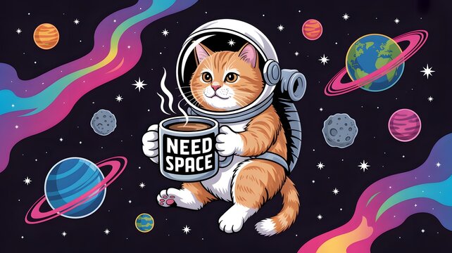 Ginger tabby cat wearing astronaut suit while holding steaming coffee mug inside dark space background with colorful cosmic nebulae lights