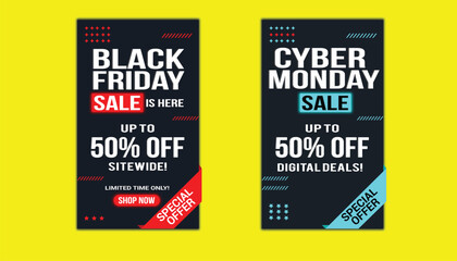 Naklejka premium Black friday and cyber monday sale banners with up to 50 percent off, digital deals and sitewide discount promotional templates