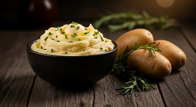 A bowl of creamy mashed potatoes topped with butter and fresh chives on a rustic wooden table
