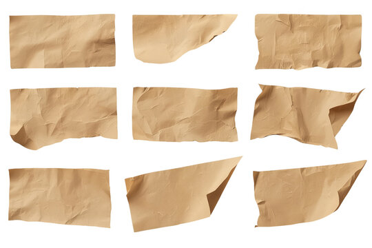 Set of crumpled brown kraft paper rectangles