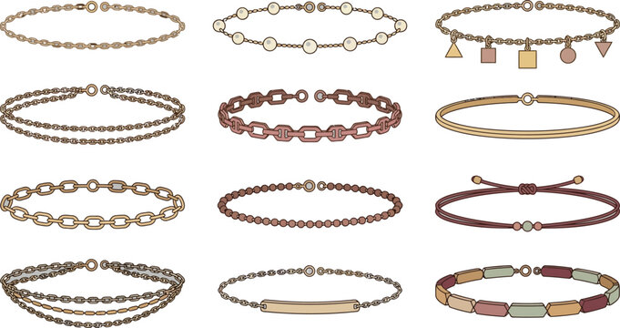 Assorted delicate jewelry bracelets with geometric charms and bead designs in a clean layout vector illustration