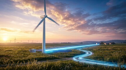 Obraz premium Smart eco friendly energy concept with spinning wind mill and bright blue light beam path across field in sunrise