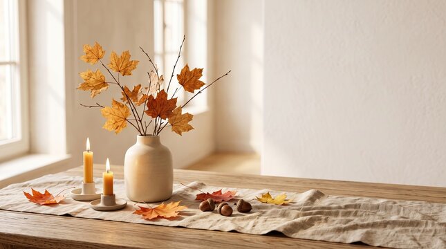Cozy autumn bedroom interior with soft blanket, vase with dried leaves and candles on bedside table, warm sunlight through window, peaceful seasonal home decor and relaxing hygge atmosphere.