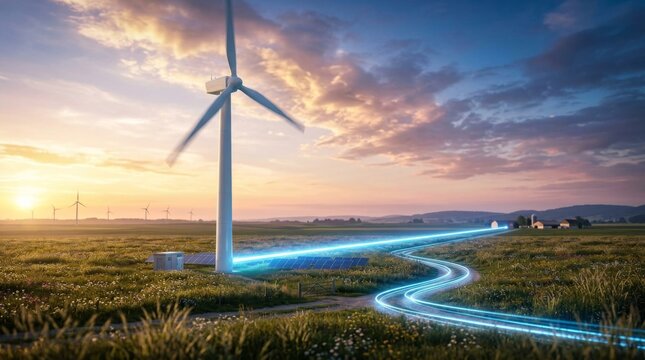 Smart eco friendly energy concept with spinning wind mill and bright blue light beam path across field in sunrise