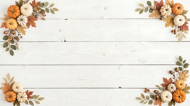 Flat lay thanksgiving border with orange and white pumpkins and autumn leaves on rustic white wooden background