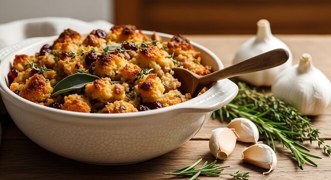 Freshly baked homemade savory bread stuffing with cranberries and herbs in a white casserole dish