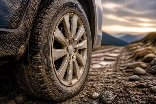 Mud covered car wheel navigating rocky dirt road in landscape