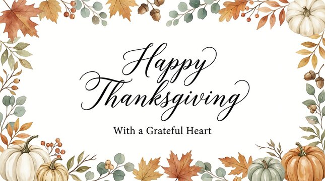 Happy Thanksgiving greeting card with watercolor autumn leaf border and pumpkins