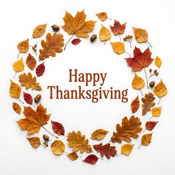 Happy Thanksgiving text framed by a circular wreath of colorful autumn leaves on a plain white background
