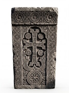 An ancient Armenian khachkar stone cross stele featuring intricate floral and geometric carvings.