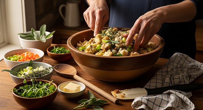 Person preparing a homemade bread stuffing in a rustic wooden bowl on a table
