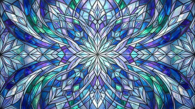 Symmetrical stained glass pattern with vibrant blue and green hues
