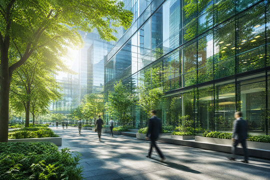 Modern eco-friendly office building with green trees, sustainable glass architecture, business people walking in sunny corporate plaza