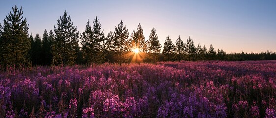 Naklejka premium The Sunset Over a Vast Field of Purple Lupine Wildflowers