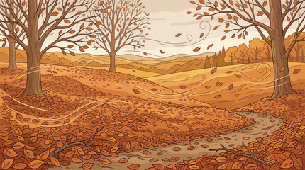 Fototapeta premium Autumn landscape with fallen leaves, trees, path, and wind blowing leaves, warm orange and brown tones, illustrative style.