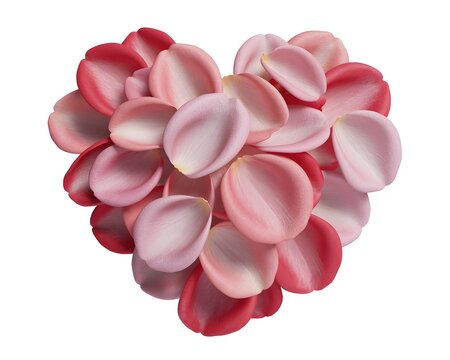 Heart shape arrangement made of soft pink and red rose petals isolated