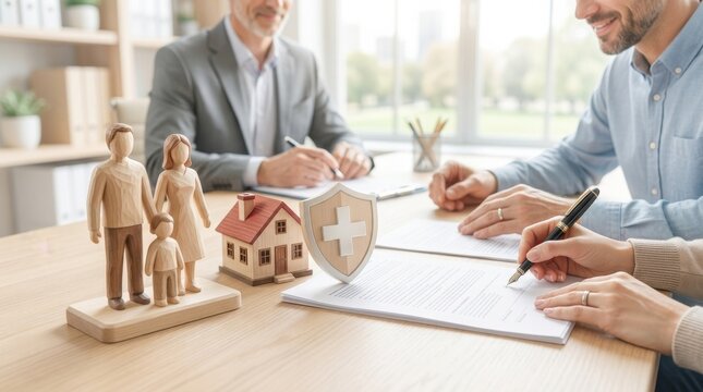 Family health and home insurance protection concept with wooden peg doll figures, medical shield icon, wooden house model, and agent signing policy contract on office desk