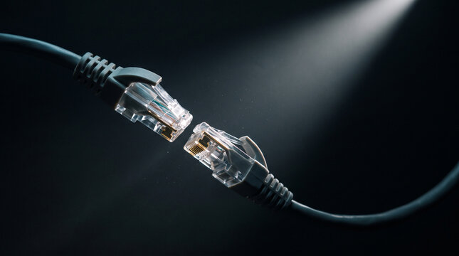 Two translucent RJ45 ethernet network connectors facing each other with internal wires.