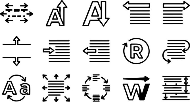 A comprehensive collection of typographic symbols and icons including arrows letters and various design elements for creative projects and visual communication