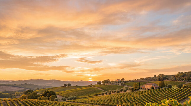 Rows of trellised grapes in a vineyard at sunset with a rustic farmhouse.