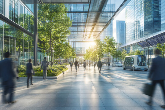 Modern sustainable city with glass architecture. Green urban environment with business people walking. Eco-friendly smart city infrastructure.