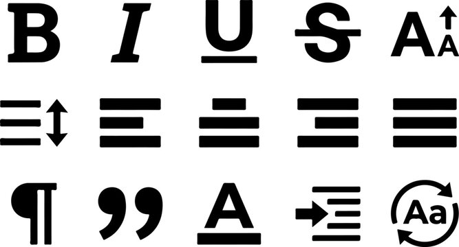 A comprehensive visual guide to common text formatting tools and options found in word processors and digital text editors