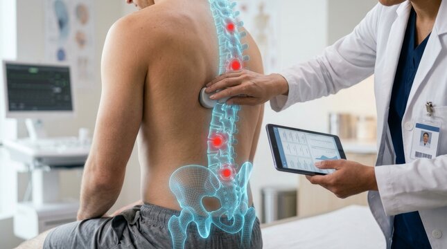 Doctor examining male patient painful spine with glowing backbone hologram in clinic