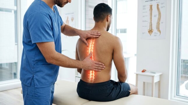 Doctor examining male patient painful spine with glowing backbone hologram in clinic