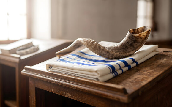 Traditional shofar horn resting on tallit prayer shawl on wooden bimah in synagogue