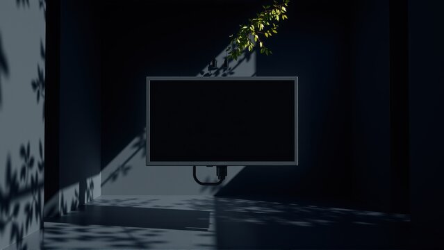 Dark room features monitor, foliage casting shadows. Minimalist scene evokes mystery, contrast between nature, technology.