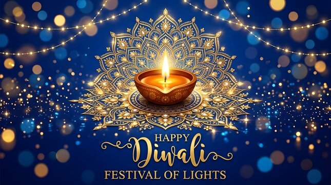 Happy diwali festival of lights greeting with diya and mandala