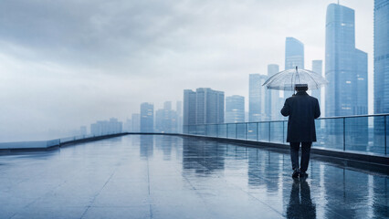 Fototapeta premium Melancholic businessman walking on rainy rooftop, lonely man with umbrella in urban cityscape, blue atmospheric city skyline