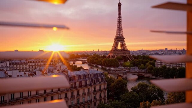 Eiffel Tower sunset view through window blinds in Paris
