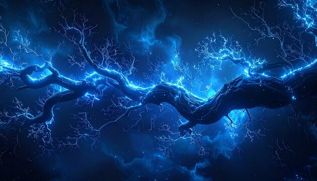 Abstract background featuring a glowing tree branch intertwined with bright electric blue lightning sparks against a dark mystical cosmic nebula.