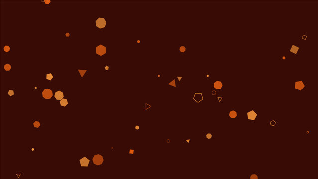 Abstract geometric background with floating orange shapes. Minimalist dark brown vector backdrop. Modern pattern with circles and polygons.