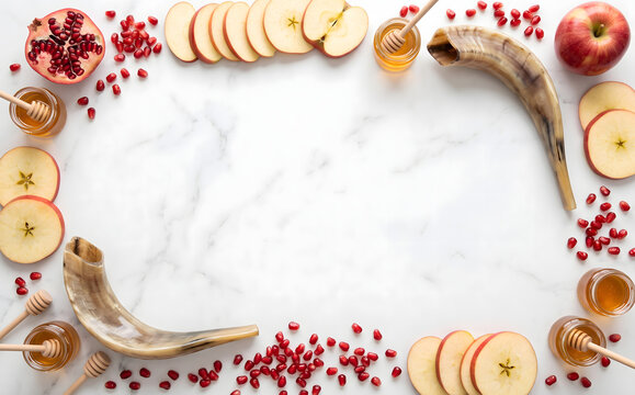 Rosh Hashanah flat lay frame with apple, honey, pomegranate and shofar on marble background