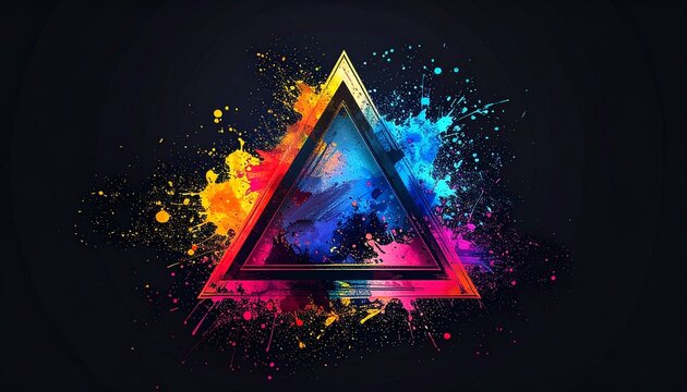 Vibrant triangle frame with explosive colorful paint splashes on dark background for creative design projects and modern artistic graphic art.