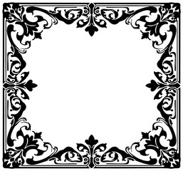 Ornate black decorative square frame with swirls and floral motifs on a white background © MSTDULALI