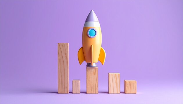 A conceptual 3D illustration of a toy rocket ship taking off from wooden block bar charts symbolizing rapid business growth and success concept.