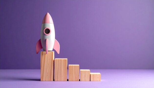 A small toy rocket ship perched on top of wooden blocks arranged like a declining bar chart against a solid purple background for concepts.