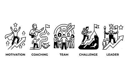 Fototapeta premium Motivation Coaching Team Challenge and Leader Icon Set with Business Success Concept Black Vector Illustration