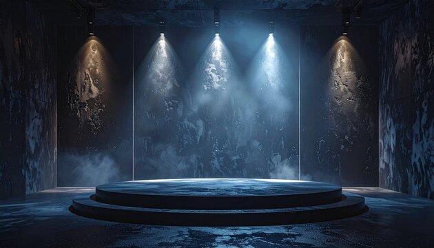 A dramatic stage with a circular podium lit by bright spotlights in a dark room with stone textured walls and misty atmospheric fog effects.